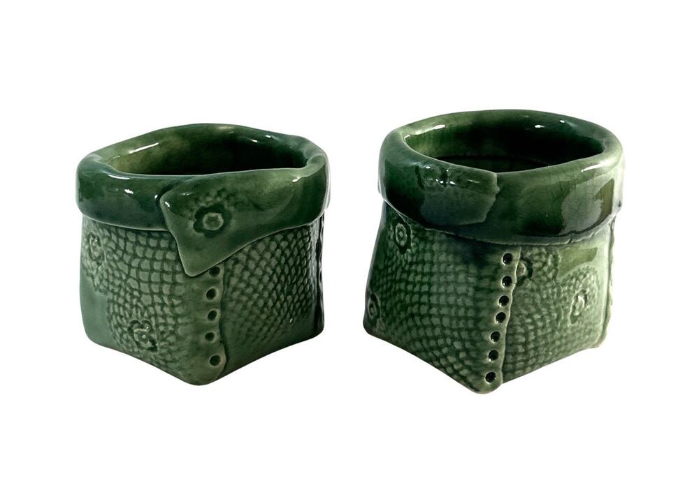Schillerstrom Studio Pottery Mini Planters Pair Green Glazed Signed Dated 1998